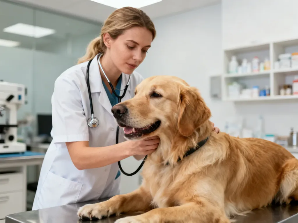 Weterynarz w nowoczesnym gabinecie przeprowadza badanie kontrolne przyjaznego golden retrievera.