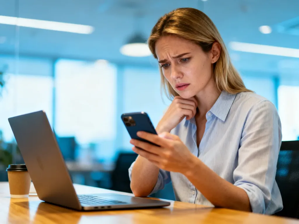 Zaniepokojona kobieta sprawdza telefon w biurze, co ilustruje stres związany z oczekiwaniem na przelew bankowy.