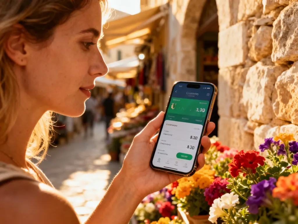 Kobieta trzymająca smartfon z aplikacją do przeliczania walut na tle słonecznego targu.