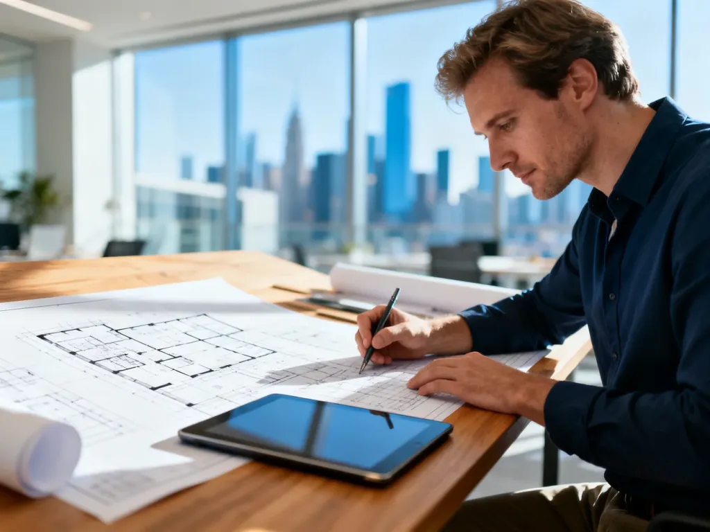 Architekt pracujący przy projekcie w nowoczesnym biurze z widokiem na miasto. Na stole leżą plany budowlane i tablet.
