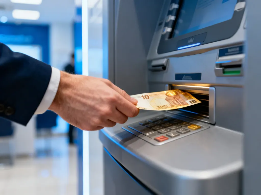 Mężczyzna wkłada banknot o wysokim nominale do szczeliny wpłatomatu w nowoczesnym wnętrzu banku.