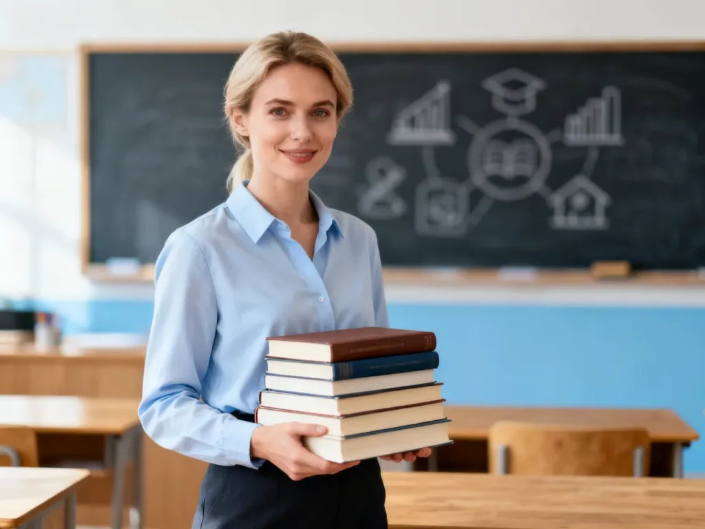 Nauczycielka trzymająca książki w nowoczesnej sali lekcyjnej, symbolizująca profesjonalizm w pracy pedagoga.
