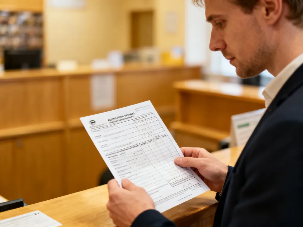 Mężczyzna przy okienku pocztowym wypełniający druk wpłaty do urzędu skarbowego.