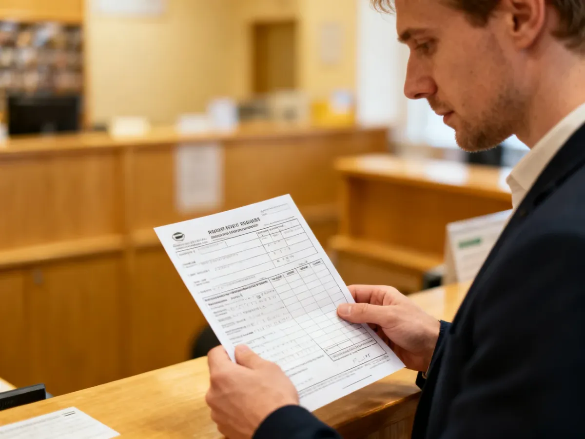 Mężczyzna przy okienku pocztowym wypełniający druk wpłaty do urzędu skarbowego.