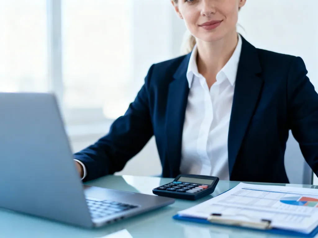 Profesjonalna księgowa przy biurku z kalkulatorem i dokumentami finansowymi w nowoczesnym biurze.