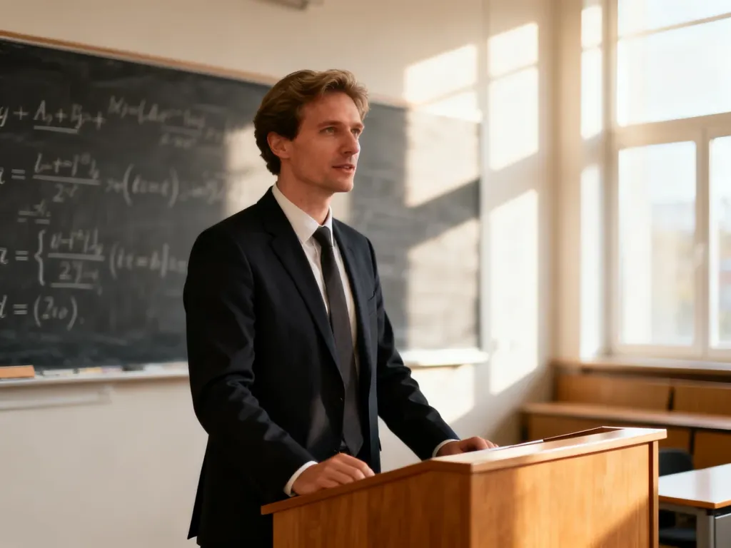 Wykładowca akademicki przy mównicy w nowoczesnej sali wykładowej z tablicą pełną równań matematycznych w tle.