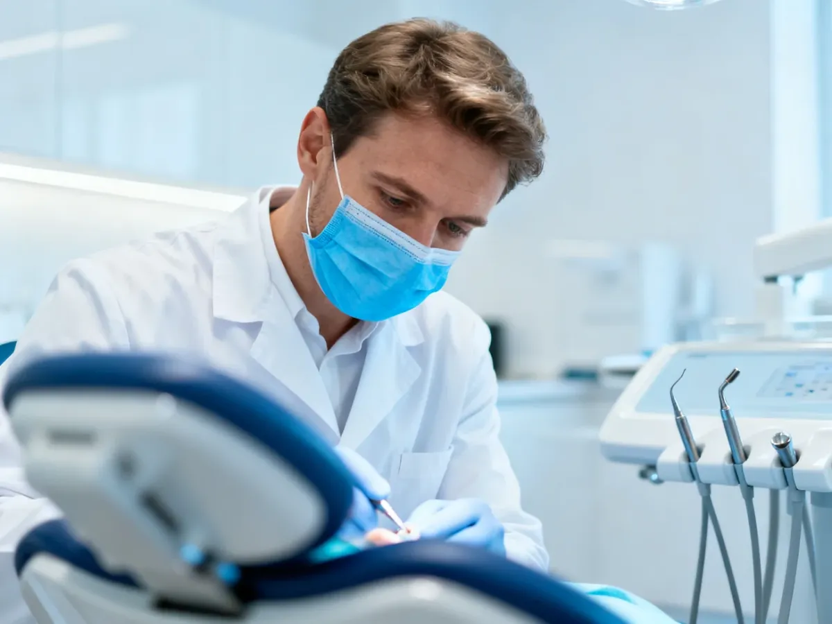 Dentysta w białym fartuchu i masce wykonuje badanie w nowoczesnym gabinecie stomatologicznym.
