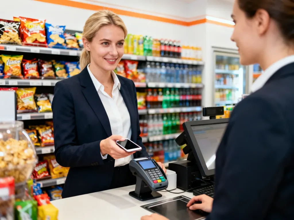Klientka płaci zbliżeniowo smartfonem przy kasie w nowoczesnym sklepie typu convenience.