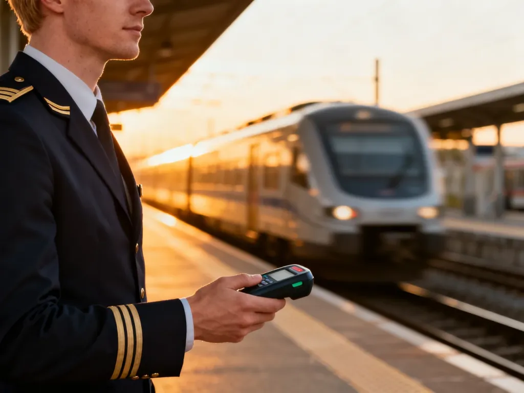Konduktor w mundurze na peronie, trzymający terminal biletowy na tle nadjeżdżającego pociągu o zachodzie słońca.