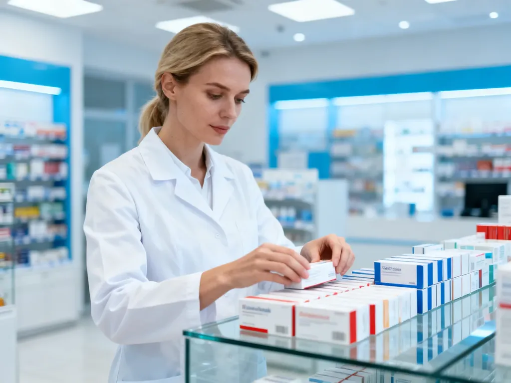 Farmaceutka w białym fartuchu układa leki na półce w nowoczesnej aptece.