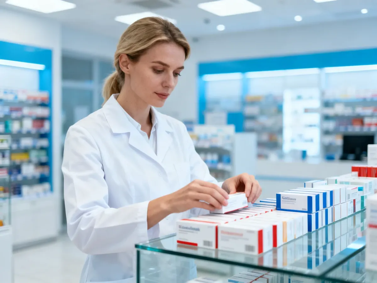 Farmaceutka w białym fartuchu układa leki na półce w nowoczesnej aptece.