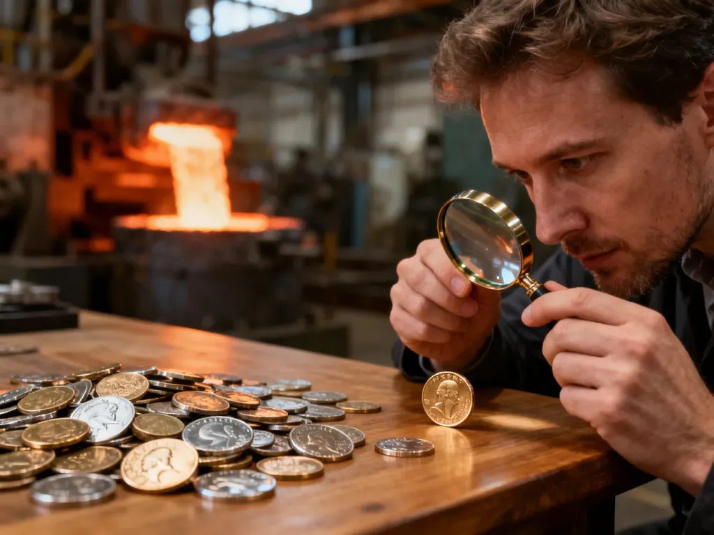 Mężczyzna z lupą bada metalową monetę na tle rozmytej mennicy, ilustrując proces kontroli jakości w produkcji pieniądza.