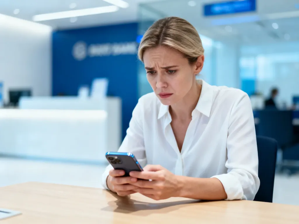 Zaniepokojona kobieta trzymająca smartfon przy biurku w nowoczesnym biurze bankowym.