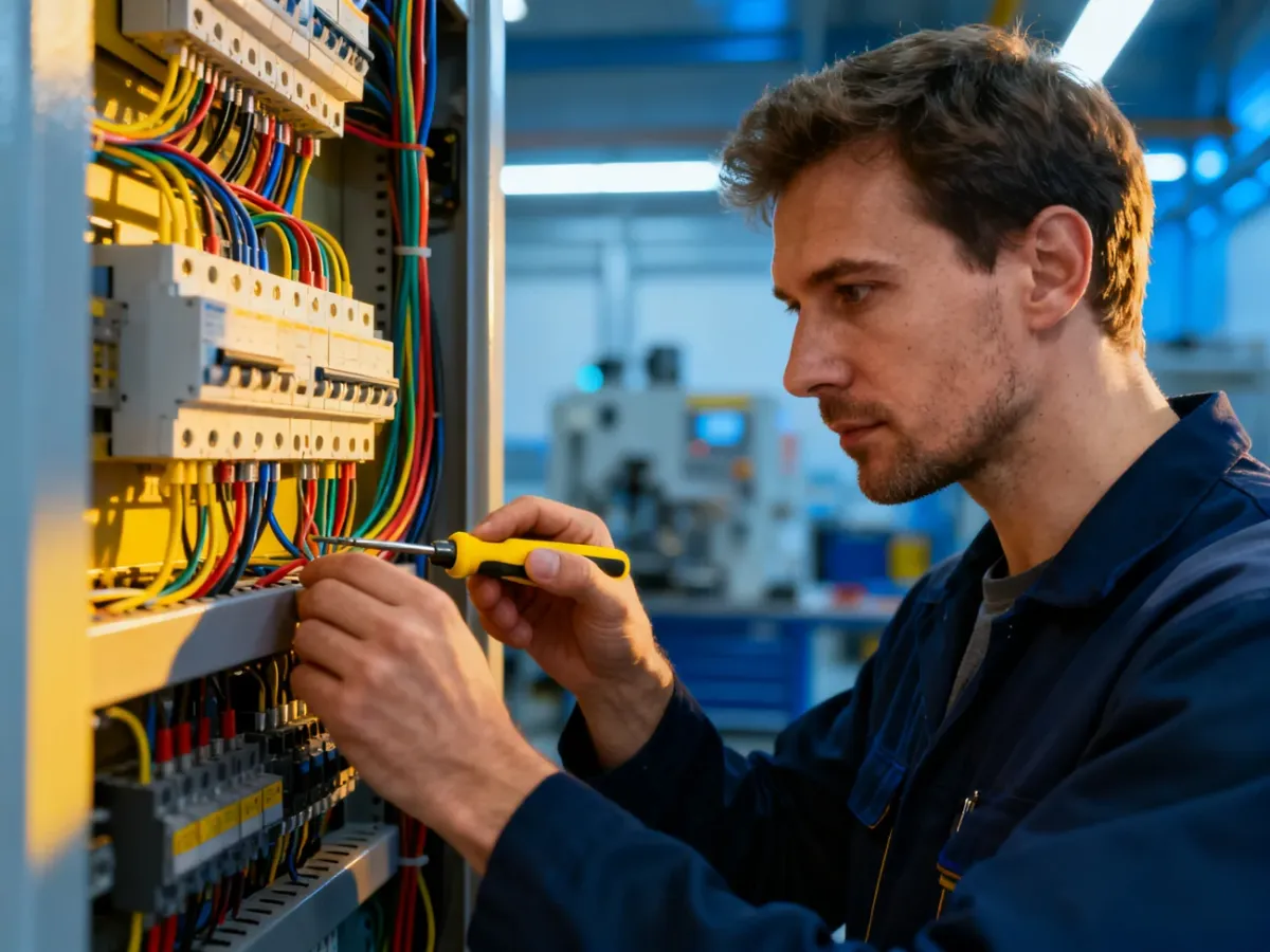 Elektryk naprawiający rozdzielnicę w nowoczesnym warsztacie, skupiony na precyzyjnej pracy z przewodami.