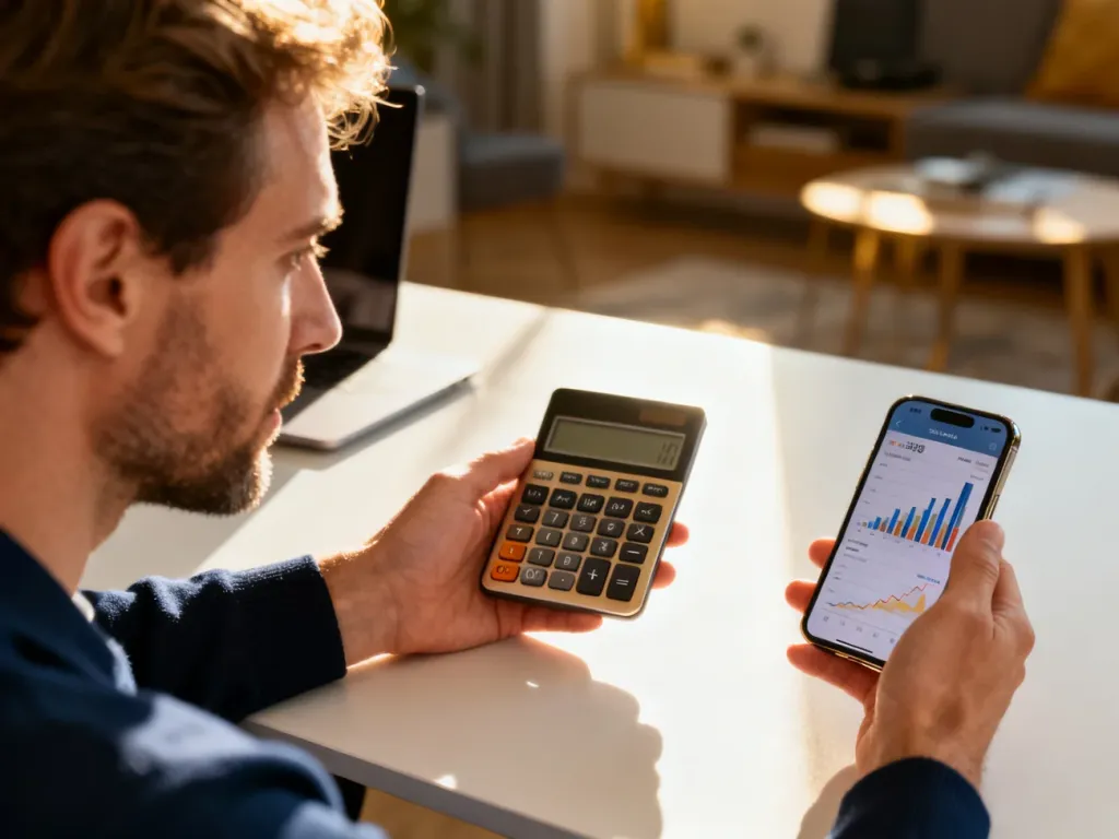 Mężczyzna przy biurku analizuje wykresy finansowe na smartfonie, korzystając z kalkulatora do obliczeń walutowych.