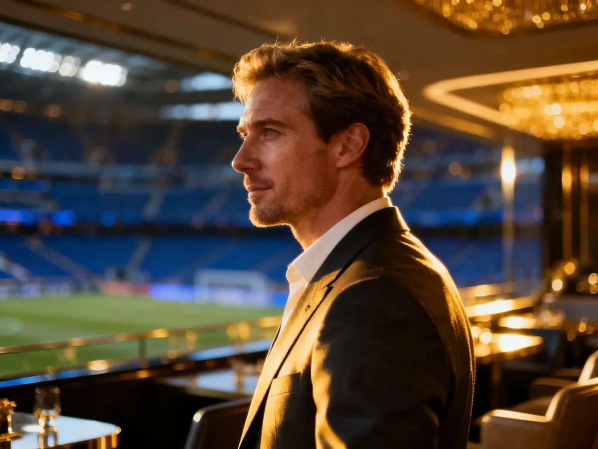 Elegancki Cristiano Ronaldo w garniturze na tle luksusowej loży VIP na stadionie.
