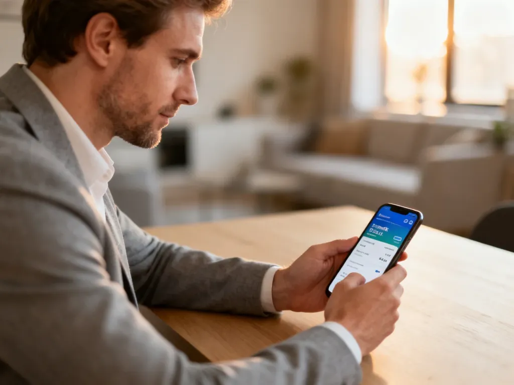 Mężczyzna korzystający z aplikacji bankowej na smartfonie w nowoczesnym mieszkaniu, przygotowujący przelew za czynsz.
