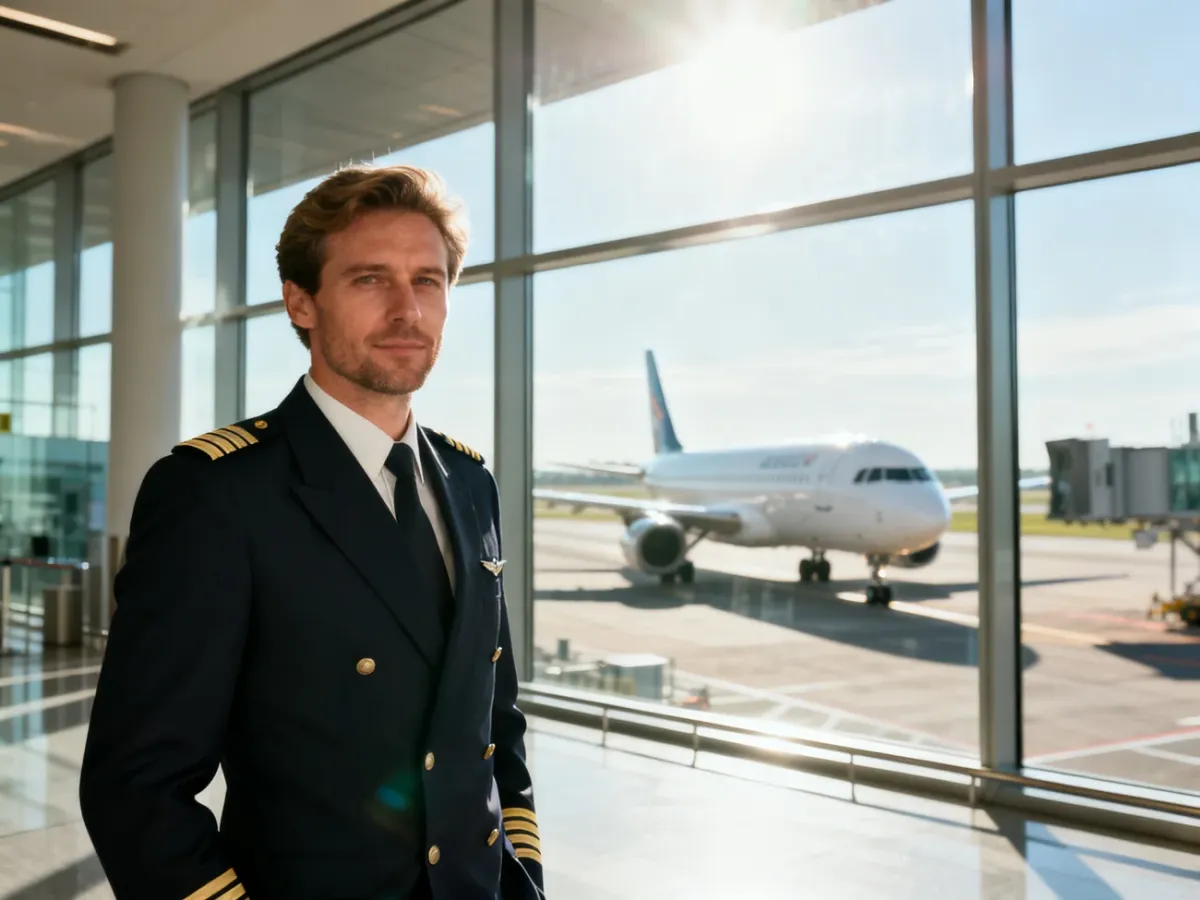 Pilot w mundurze na tle nowoczesnego terminala lotniczego i samolotu przygotowującego się do startu.