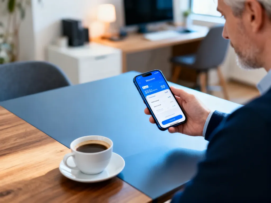 Osoba trzymająca smartfon z aplikacją bankową przy filiżance kawy w domowym biurze, symbolizująca wygodne zarządzanie finansami.