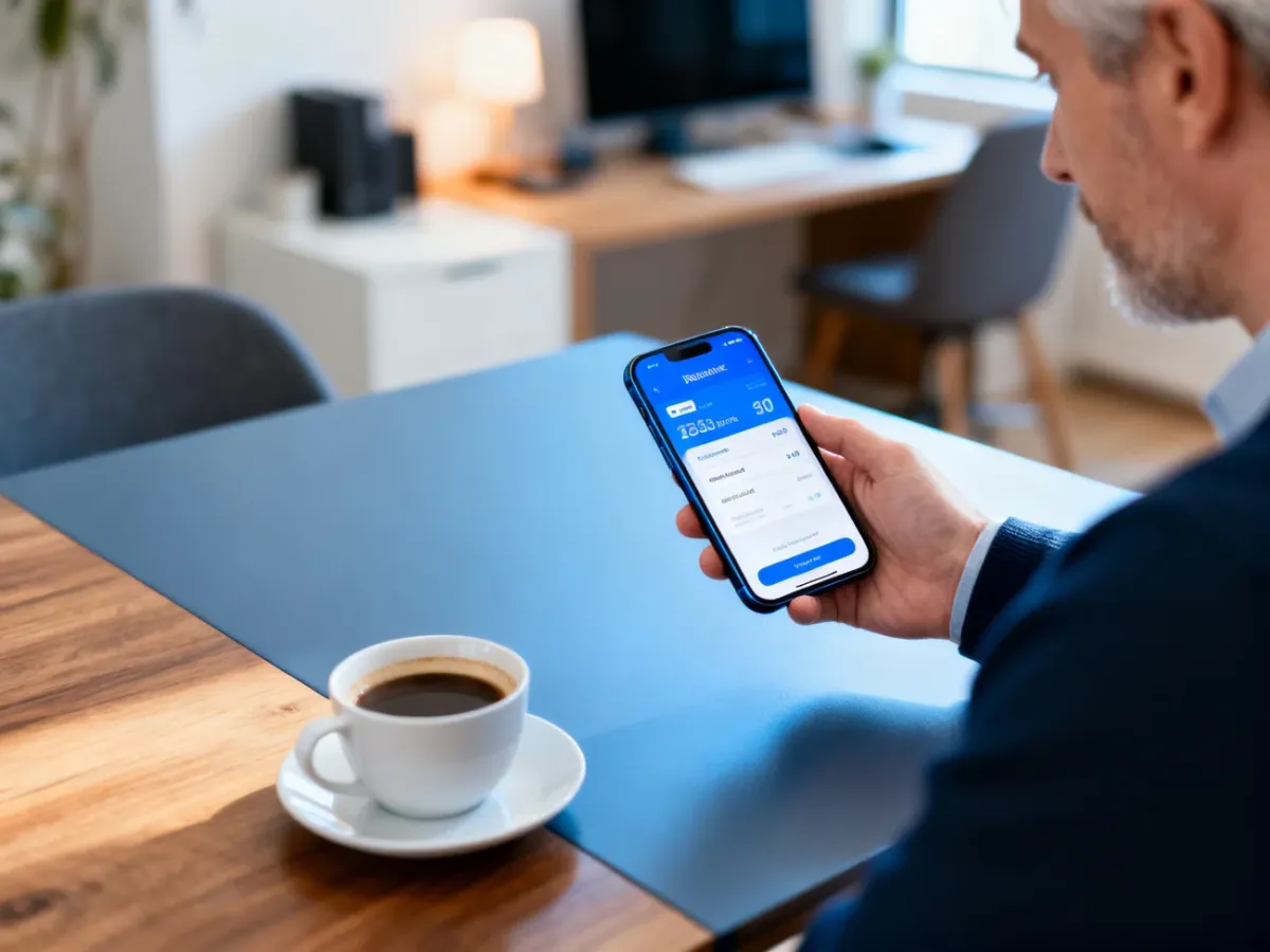 Osoba trzymająca smartfon z aplikacją bankową przy filiżance kawy w domowym biurze, symbolizująca wygodne zarządzanie finansami.