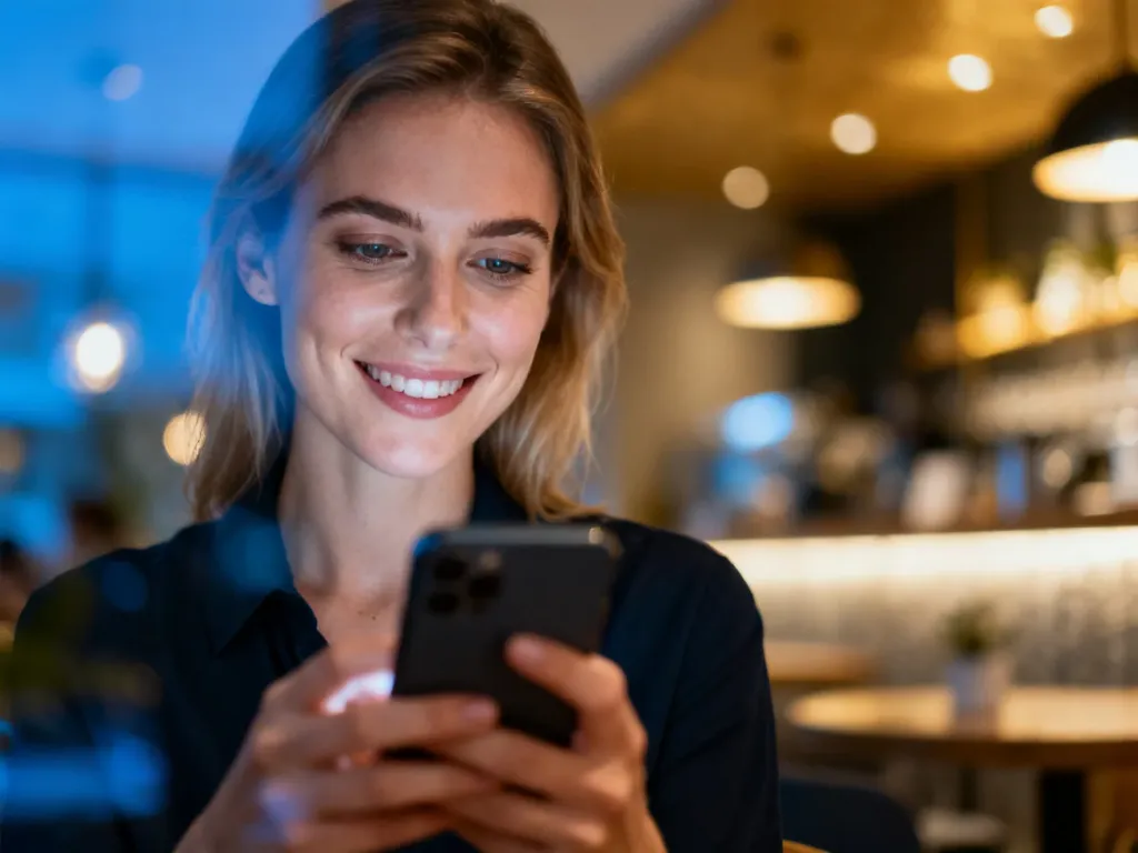 Uśmiechnięta kobieta korzystająca z płatności mobilnych na smartfonie w przytulnej kawiarni.